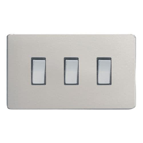 Varilight XDN93S Screwless Satin Chrome 3 Gang 10A 1 or 2 Way Rocker Light Switch (Twin Plate)