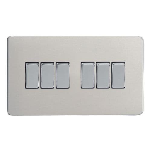 Varilight XDN96S Screwless Satin Chrome 6 Gang 10A 1 or 2 Way Rocker Light Switch