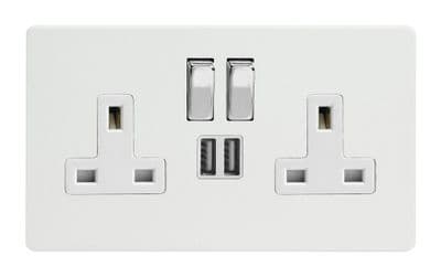 Varilight XDQ5U2SWS Screwless Premium White 2 Gang Double 13A Switched Plug Socket 2.1A USB