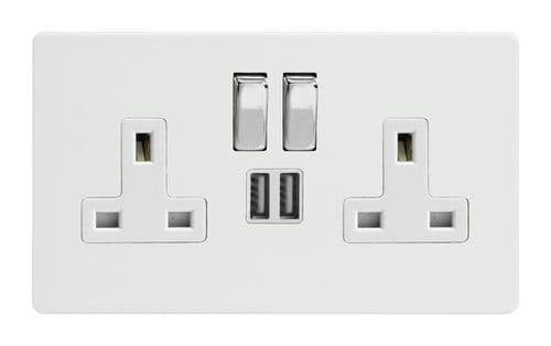 Varilight XDQ5U2SWS Screwless Premium White 2 Gang Double 13A Switched Plug Socket 2.1A USB