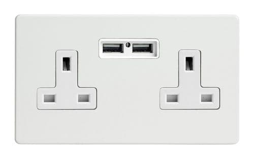 Varilight XDQ5U2WS Screwless Premium White 2 Gang Double 13A Unswitched Plug Socket 2.1A USB