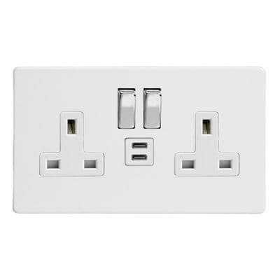 Varilight XDQ5U45WS Screwless Premium White 2 Gang Double 13A Socket + 45W USB C+C