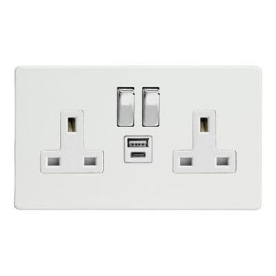 Varilight XDQ5UACWS Screwless Premium White 2 Gang Double 13A Plug Socket 3.1A 20W USB A + C
