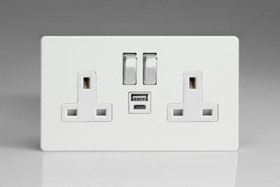 Varilight XDQ5UACWS Screwless Premium White 2 Gang Double 13A Plug Socket 3.1A 20W USB A + C
