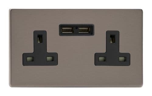 Varilight XDR5U2BS Screwless Pewter 2 Gang Double 13A Unswitched Plug Socket 2.1A USB