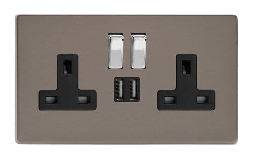 Varilight XDR5U2SBS Screwless Pewter 2 Gang Double 13A Switched Plug Socket 2.1A USB