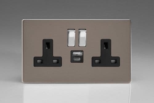 Varilight XDR5UACBS Screwless Pewter 2 Gang Double 13A Plug Socket 3.1A 20W USB A + C