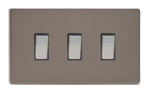 Varilight XDR93S Screwless Pewter 3 Gang 10A 1 or 2 Way Rocker Light Switch (Twin Plate)