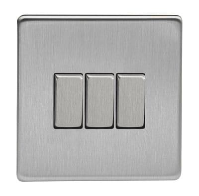 Varilight XDS3S Screwless Brushed Steel 3 Gang 10A 1 or 2 Way Rocker Light Switch