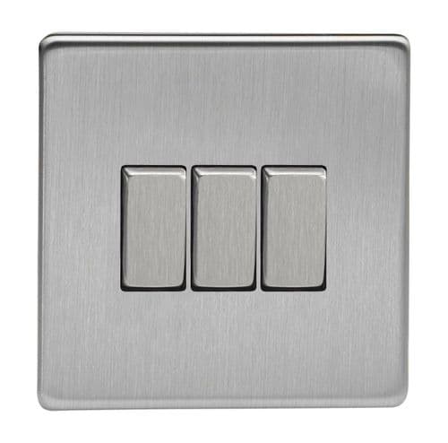 Varilight XDS3S Screwless Brushed Steel 3 Gang 10A 1 or 2 Way Rocker Light Switch