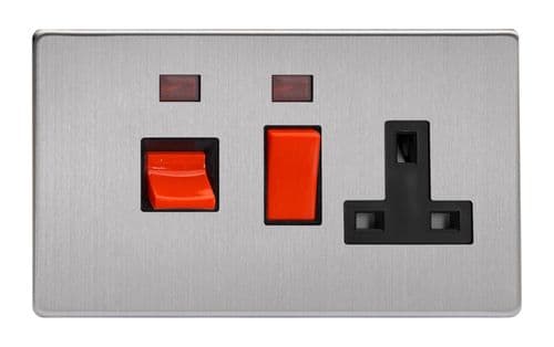 Varilight XDS45PNBS Screwless Brushed Steel 45A DP Cooker Switch + 13A Switched Socket