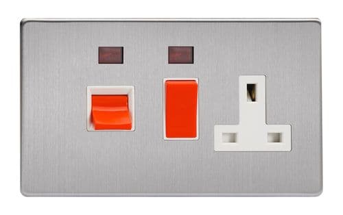 Varilight XDS45PNWS Screwless Brushed Steel 45A DP Cooker Switch + 13A Switched Socket
