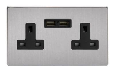 Varilight XDS5U2BS Screwless Brushed Steel 2 Gang Double 13A Unswitched Plug Socket 2.1A USB