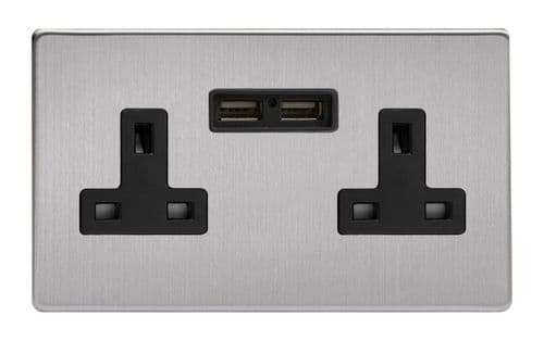 Varilight XDS5U2BS Screwless Brushed Steel 2 Gang Double 13A Unswitched Plug Socket 2.1A USB