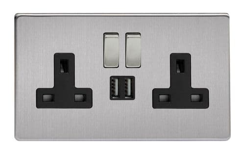 Varilight XDS5U2SBS Screwless Brushed Steel 2 Gang Double 13A Switched Plug Socket 2.1A USB