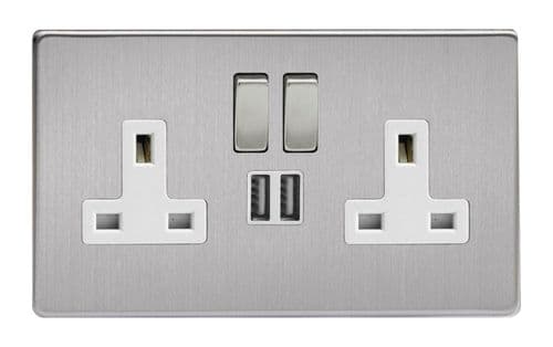 Varilight XDS5U2SWS Screwless Brushed Steel 2 Gang Double 13A Switched Plug Socket 2.1A USB