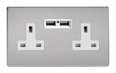 Varilight XDS5U2WS Screwless Brushed Steel 2 Gang Double 13A Unswitched Plug Socket 2.1A USB