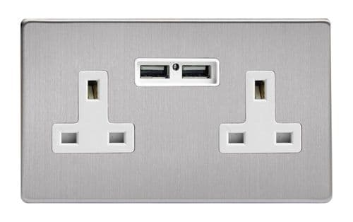 Varilight XDS5U2WS Screwless Brushed Steel 2 Gang Double 13A Unswitched Plug Socket 2.1A USB