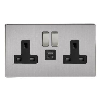 Varilight XDS5U45BS Screwless Brushed Steel 2 Gang Double 13A Socket + 45W USB C+C