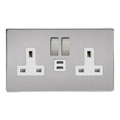 Varilight XDS5U45WS Screwless Brushed Steel 2 Gang Double 13A Socket + 45W USB C+C