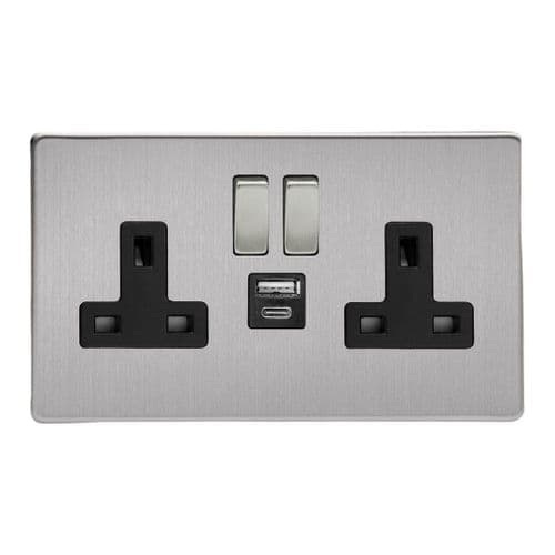 Varilight XDS5UACBS Screwless Brushed Steel 2 Gang Double 13A Plug Socket 3.1A 20W USB A + C