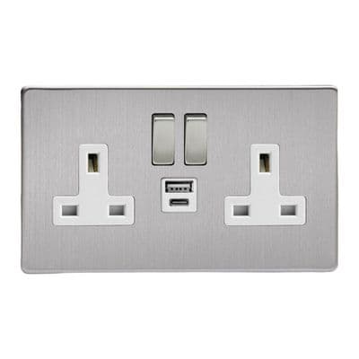 Varilight XDS5UACWS Screwless Brushed Steel 2 Gang Double 13A Plug Socket 3.1A 20W USB A + C