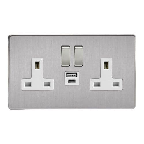 Varilight XDS5UACWS Screwless Brushed Steel 2 Gang Double 13A Plug Socket 3.1A 20W USB A + C
