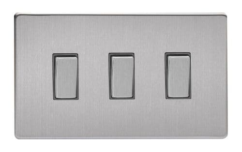 Varilight XDS93S Screwless Brushed Steel 3 Gang 10A 1 or 2 Way Rocker Light Switch (Twin Plate)