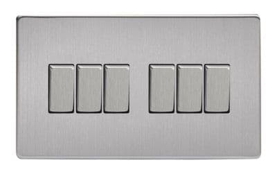 Varilight XDS96S Screwless Brushed Steel 6 Gang 10A 1 or 2 Way Rocker Light Switch