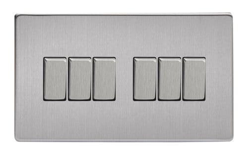 Varilight XDS96S Screwless Brushed Steel 6 Gang 10A 1 or 2 Way Rocker Light Switch