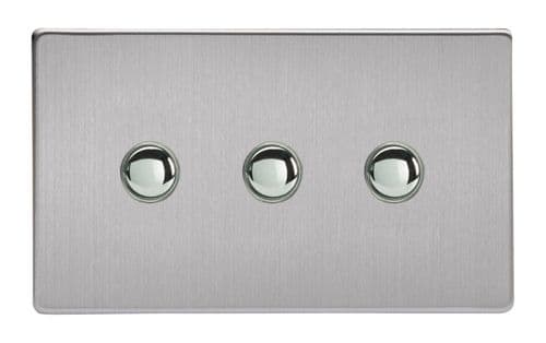 Varilight XDSP3S Screwless Brushed Steel 3 Gang 6A 1 or 2 Way Push-On/Off Impulse Switch