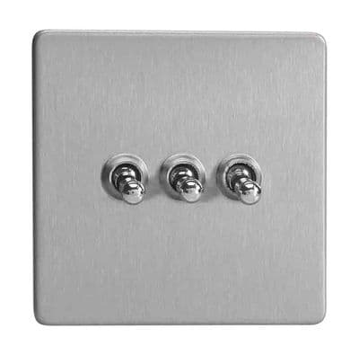 Varilight XDST3S Screwless Brushed Steel 3 Gang 10A 1 or 2 Way Toggle Light Switch