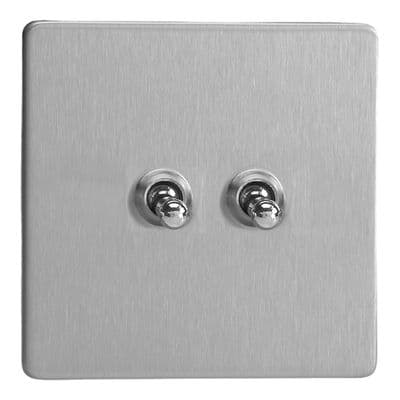 Varilight XDST71S Screwless Brushed Steel 2 Gang 10A Toggle Switch (1 x Intermediate 1 x 2 Way)