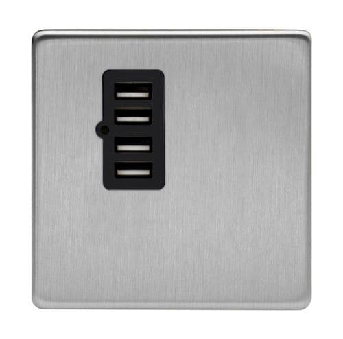 Varilight XDSU4BS Screwless Brushed Steel 4 Gang 5V DC 4800mA USB Charging Port (Single Plate)