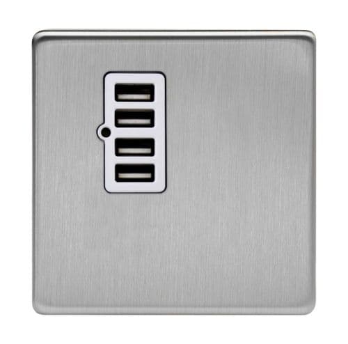 Varilight XDSU4WS Screwless Brushed Steel 4 Gang 5V DC 4800mA USB Charging Port (Single Plate)