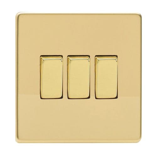Varilight XDV3S Screwless Polished Brass 3 Gang 10A 1 or 2 Way Rocker Light Switch