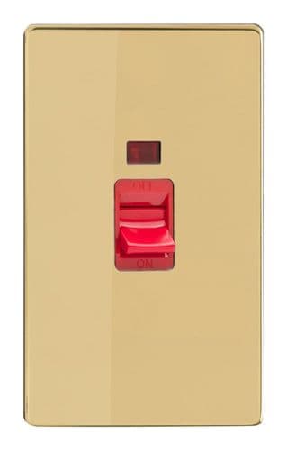 Varilight XDV45NS Screwless Polished Brass 45A DP Cooker Switch Vertical Twin Plate + Neon
