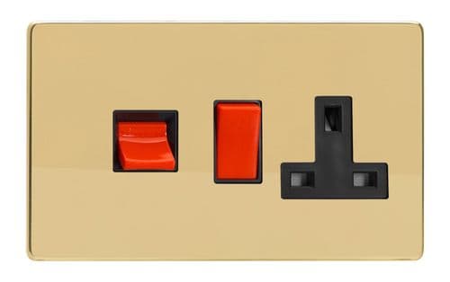 Varilight XDV45PBS Screwless Polished Brass 45A DP Cooker Switch + 13A Switched Socket