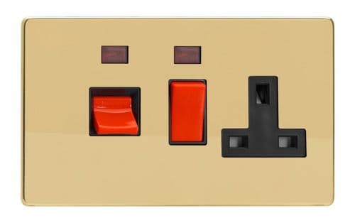 Varilight XDV45PNBS Screwless Polished Brass 45A DP Cooker Switch + 13A Switched Socket