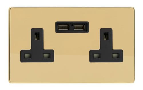 Varilight XDV5U2BS Screwless Polished Brass 2 Gang Double 13A Unswitched Plug Socket 2.1A USB