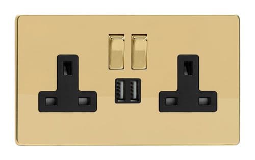 Varilight XDV5U2SBS Screwless Polished Brass 2 Gang Double 13A Switched Plug Socket 2.1A USB