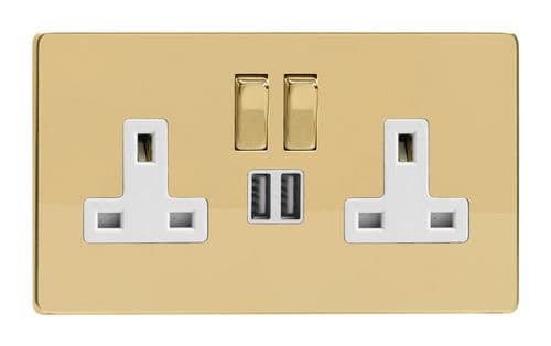 Varilight XDV5U2SWS Screwless Polished Brass 2 Gang Double 13A Switched Plug Socket 2.1A USB