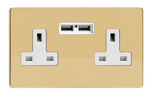 Varilight XDV5U2WS Screwless Polished Brass 2 Gang Double 13A Unswitched Plug Socket 2.1A USB