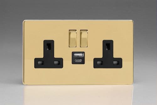 Varilight XDV5UACBS Screwless Polished Brass 2 Gang Double 13A Plug Socket 3.1A 20W USB A + C