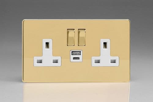 Varilight XDV5UACWS Screwless Polished Brass 2 Gang Double 13A Plug Socket 3.1A 20W USB A + C