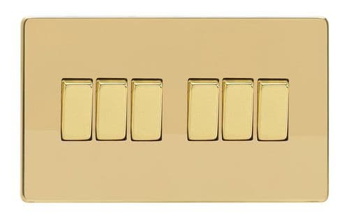 Varilight XDV96S Screwless Polished Brass 6 Gang 10A 1 or 2 Way Rocker Light Switch