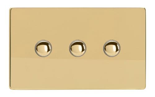 Varilight XDVP3S Screwless Polished Brass 3 Gang 6A 1 or 2 Way Push-On/Off Impulse Switch