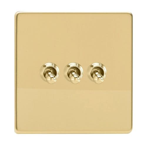 Varilight XDVT3S Screwless Polished Brass 3 Gang 10A 1 or 2 Way Toggle Light Switch
