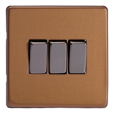 Varilight XDY3S.BZ Screwless Brushed Bronze 3 Gang 10A 1 or 2 Way Rocker Light Switch