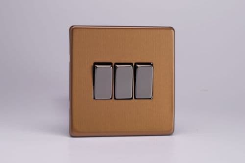 Varilight XDY3S.BZ Screwless Brushed Bronze 3 Gang 10A 1 or 2 Way Rocker Light Switch